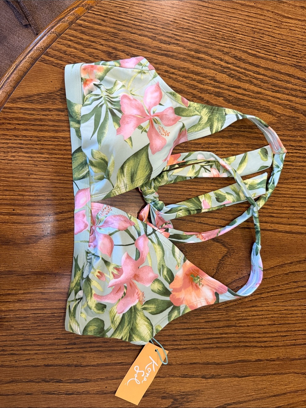 Kona Sol Floral Bikini Top in Mint Green and Pink
